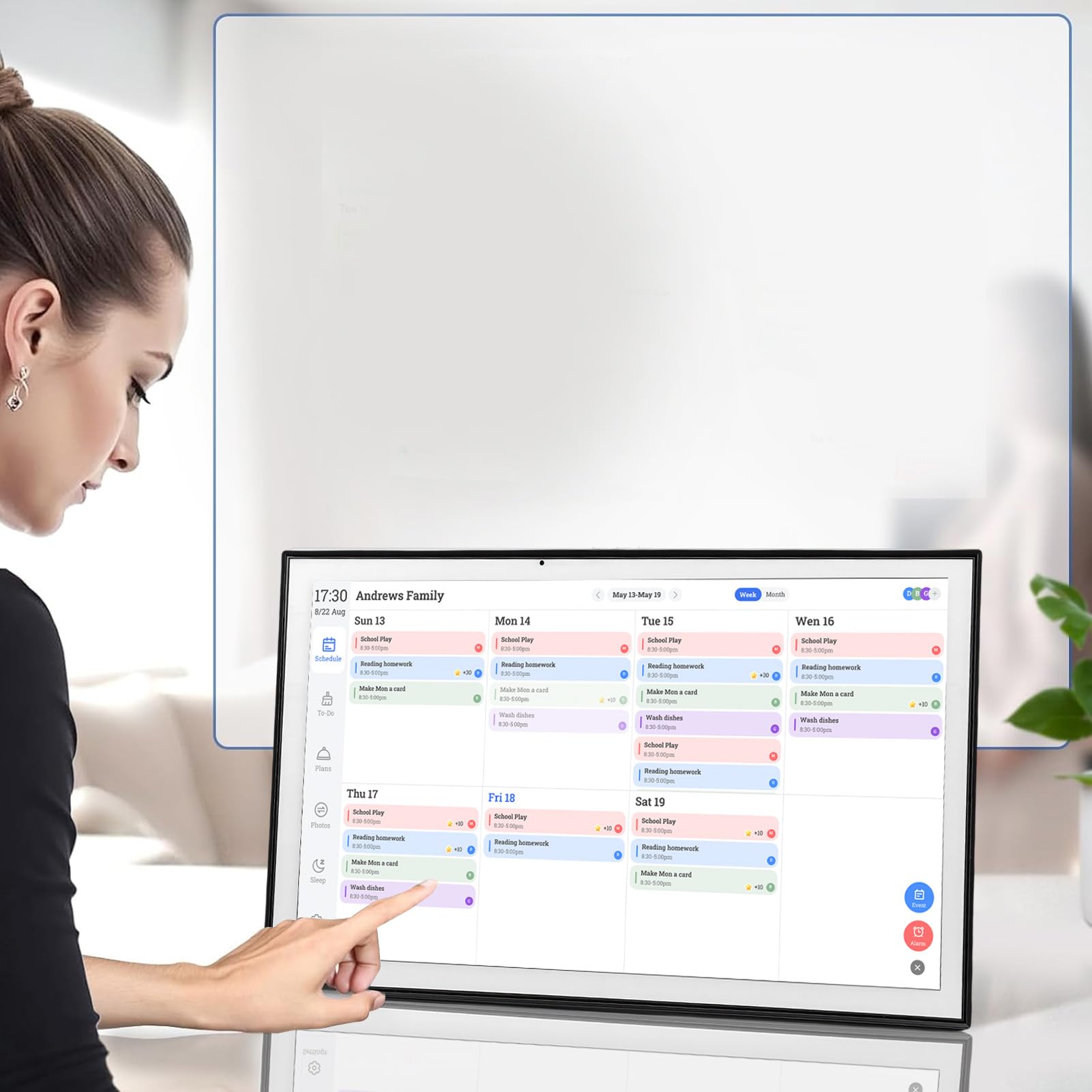 21,5-Zoll-Digitalkalender, Intelligenter Familienplaner mit Touchscreen und Täglichen Wochenansichten für den Heimgebrauch (EU-Stecker 100–240 V)