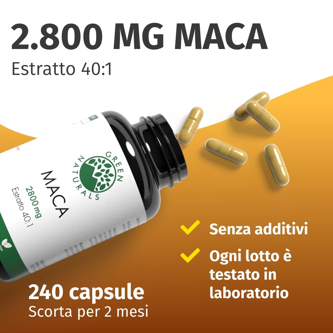 Green Naturals Maca Nera-Rossa-Gialla 40:1 – 2.800 mg – 240 capsule | Pari a 112.000 mg di maca · Vegan · Scorta 2 mesi · Testato in laboratorio
