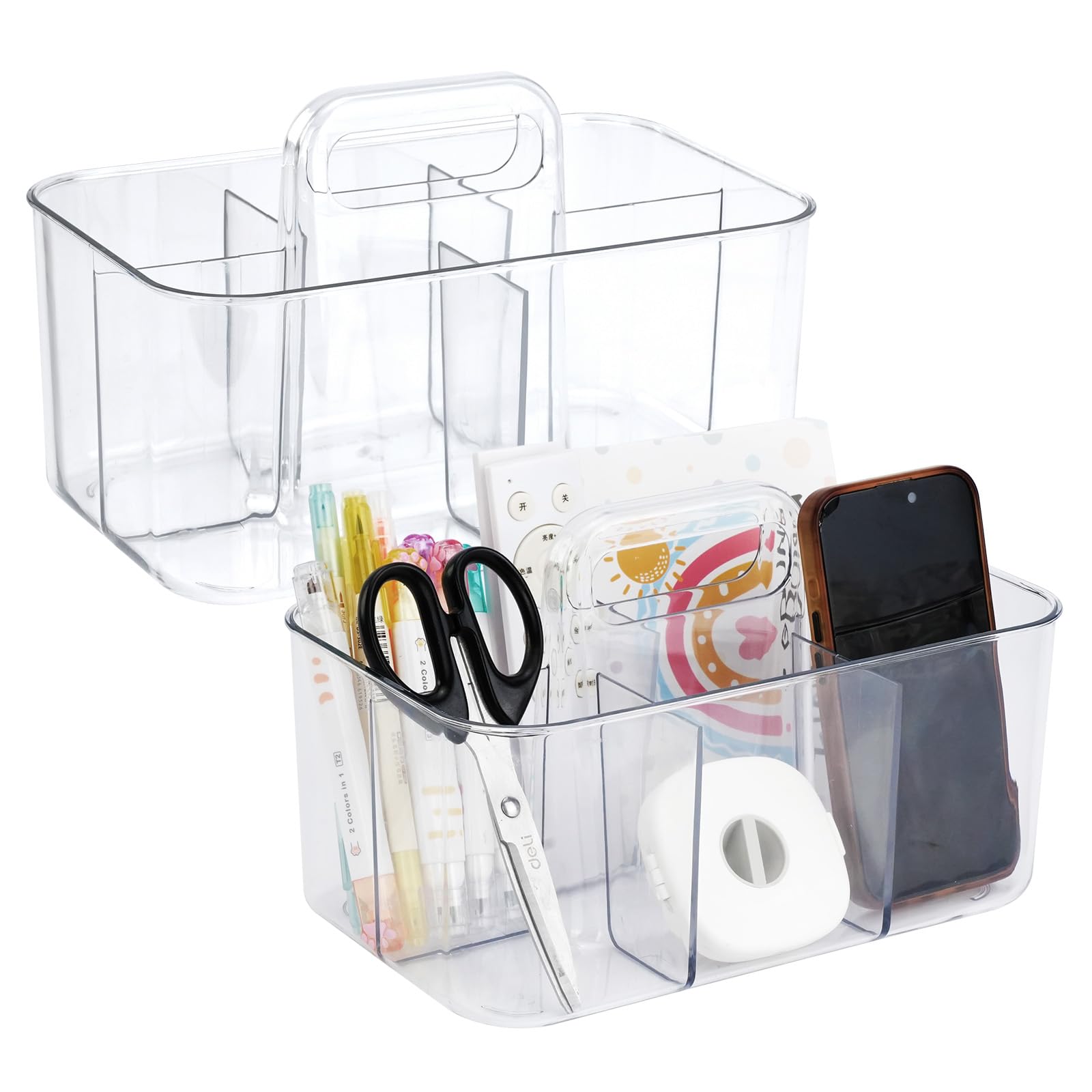 giteo bedding 2 PCS Clear Caddy organiser with Handle,Desk Multipurpose Stackable Storage, Plastic Portable Art Supply Tote Holder for Office, Bathroom, Kitchen Cleaning, School Supplies