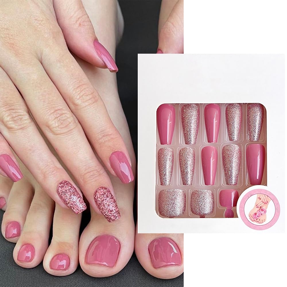 S.A.V.I 48 Pcs Pink & Glitter Coffin Shape Press-On Nails for Hands & Feet | Long Artificial Nail Combo Set | Trendy Manicure for Women | Easy to Apply Stylish Nail Extensions for Party Use-image-20