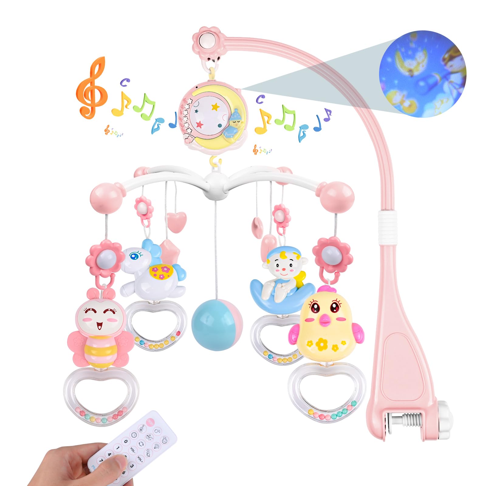 Weinsamkeit Movil Cuna Bebe, Móvil Musical Bebé para Cuna con Proyector y Luz de Noche, Colgando Girando Sonajeros y 150 Melodias Mando a Distancia Caja de Musica, Movil Cuna para Bebé 0 a 24 Meses
