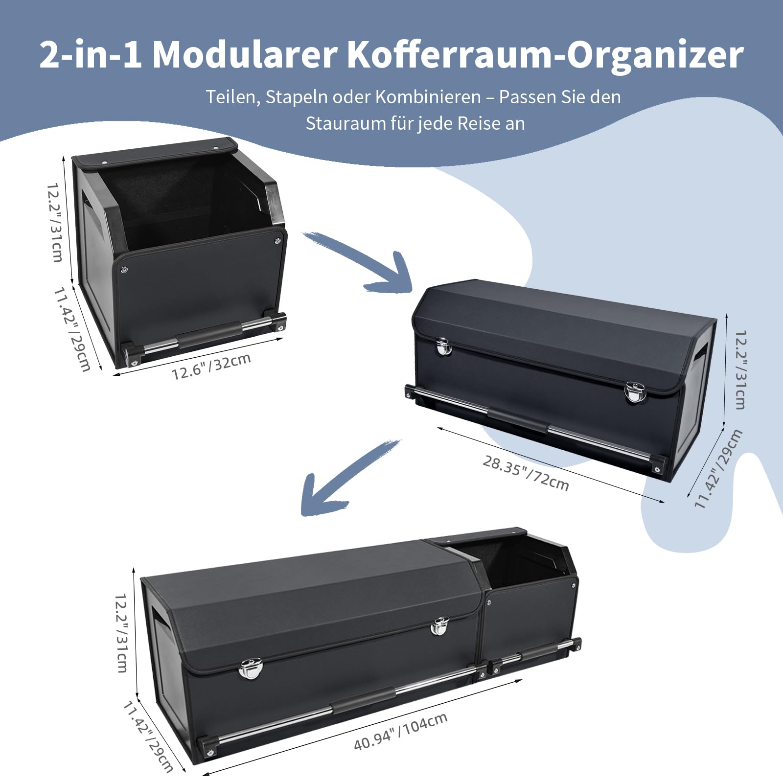Auto Kofferraum Organizer mit Deckel – 2-in-1 Modulares XXL-Kofferraumtasche, Multifunktionaler Aufbewahrungsbox aus Leder, ABS-verstärkter Rahmen & Push-Pull-Griff (104x29x31cm, Schwarz)