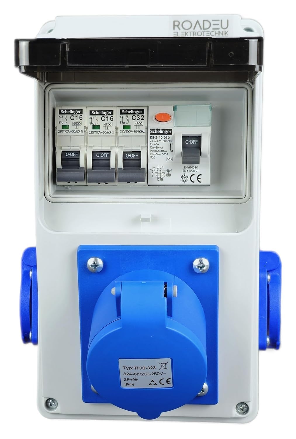 RoadEu - Distributeur de courant 230V. Prise monophasée CEE 32A 3P et 2x 230V. Répartiteur de prises avec disjoncteur différentiel. Prises intégrées avec boîte à fusibles