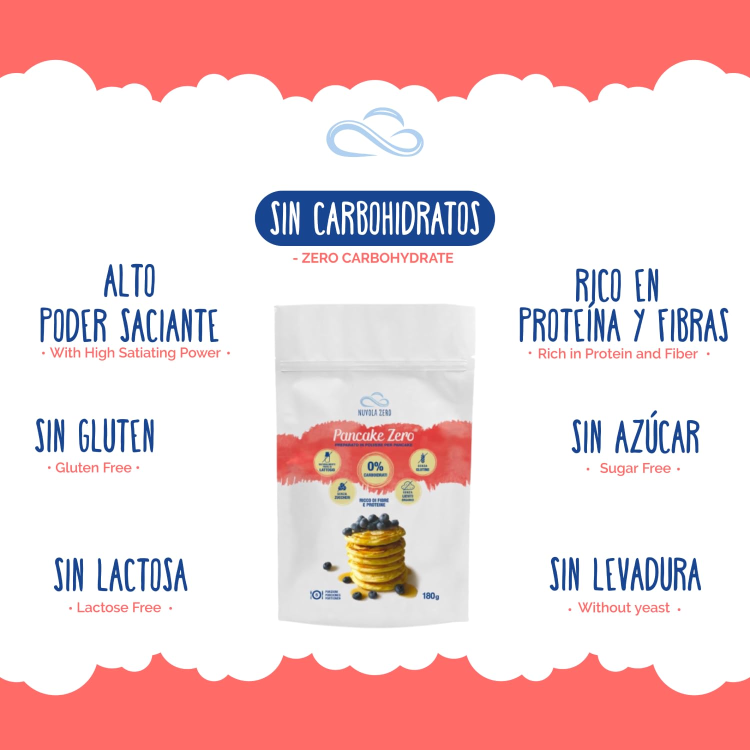 Nuvola Zero - Mezcla en polvo para Pancake, 360g x 12 Panqueques proteicos Sin carbohidratos, sin gluten, sin lactosa, sin azúcar, sin levadura, Made in Italy