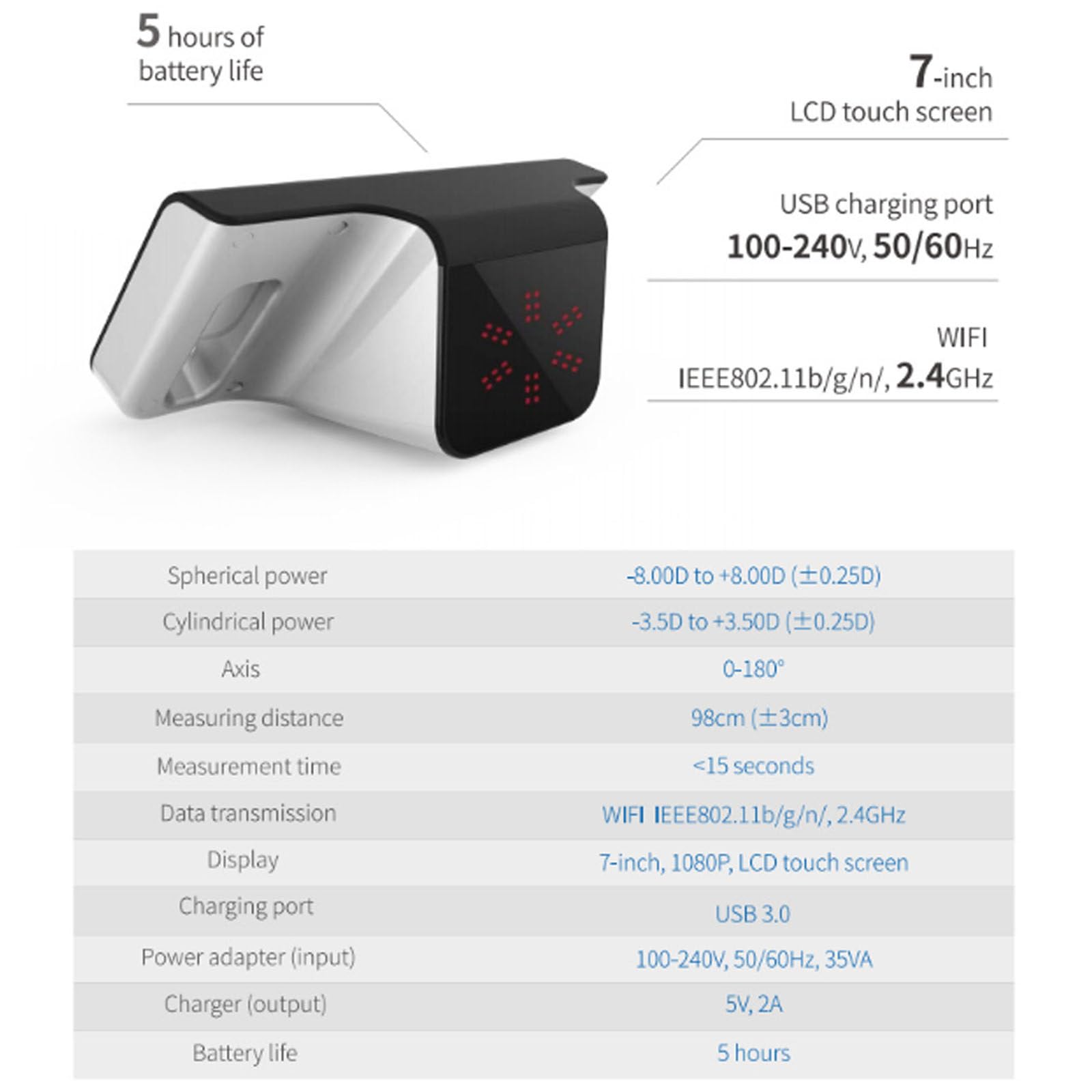 Detector oftálmico de visión oftálmica de 7 pulgadas, oftalmómetro automático portátil, equipo de optometría, instrumento óptico oftálmico, pantalla de visión portátil para examen ocular