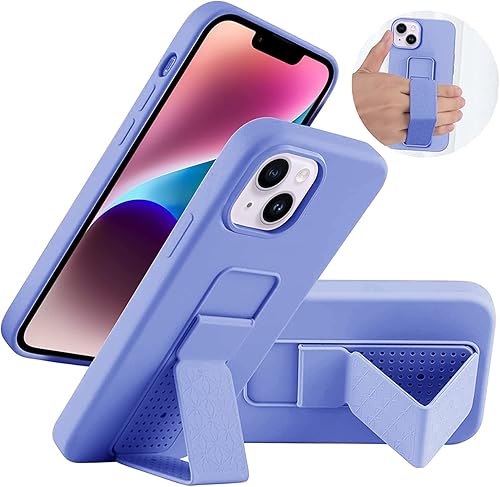 LAUDTEC - Funda de silicona compatible con iPhone 14, vertical y horizontal, con correa de mano, funda de metal con soporte flexible y suave de