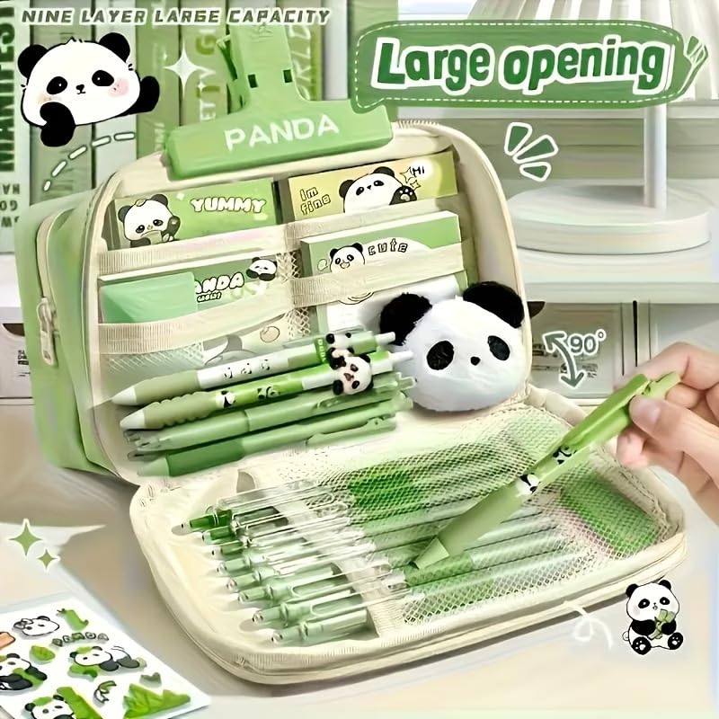 Image of Panda Pencil Case,Cute Design Large Capacity with Transparent Window, Includes Panda Doll and Stickers (Black)