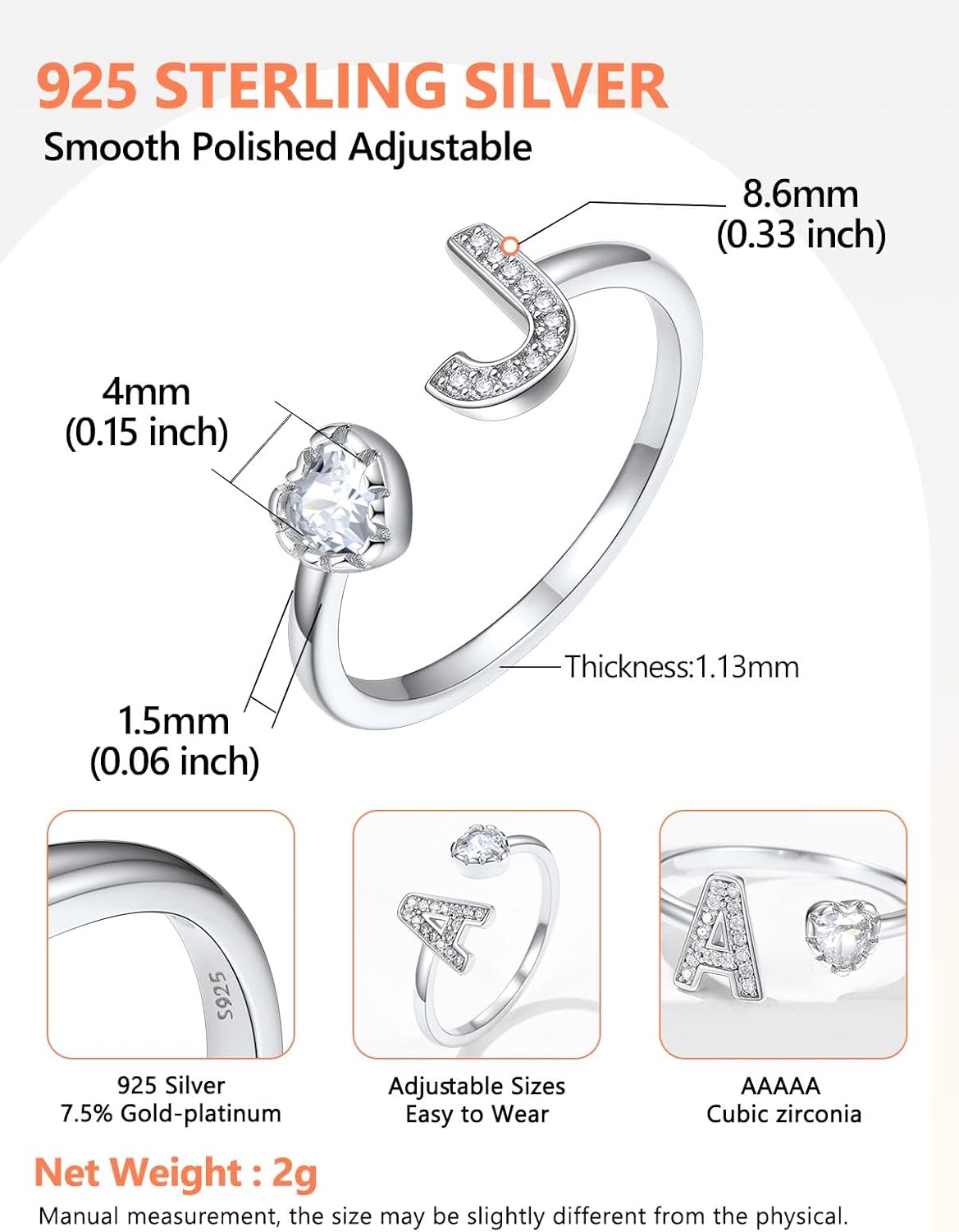Silvora 925 Sterling Silver CZ Initial Ring, Dainty Adjustable Open A-Z 26 Alphabet Letter Rings for Women