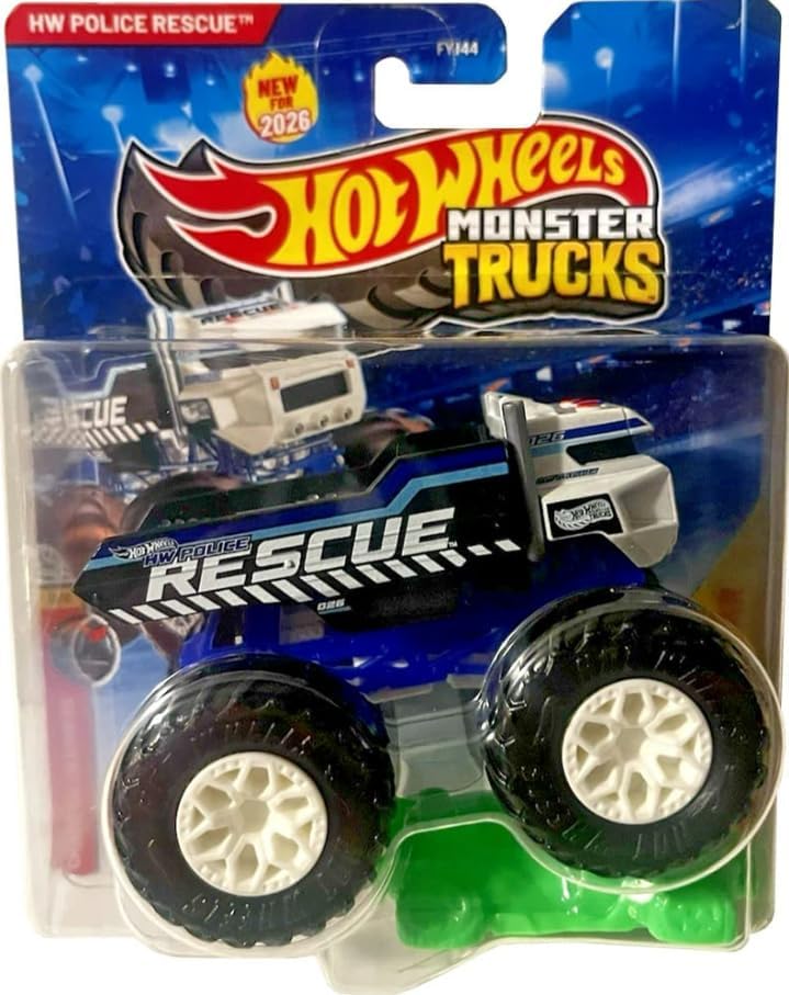 Hot Wheels Monster Trucks Police Rescue, Champion Crashers 8/8 [Includes Crushed Car] New for 2026! 1:64 Scale Diecast Toy Vehicle