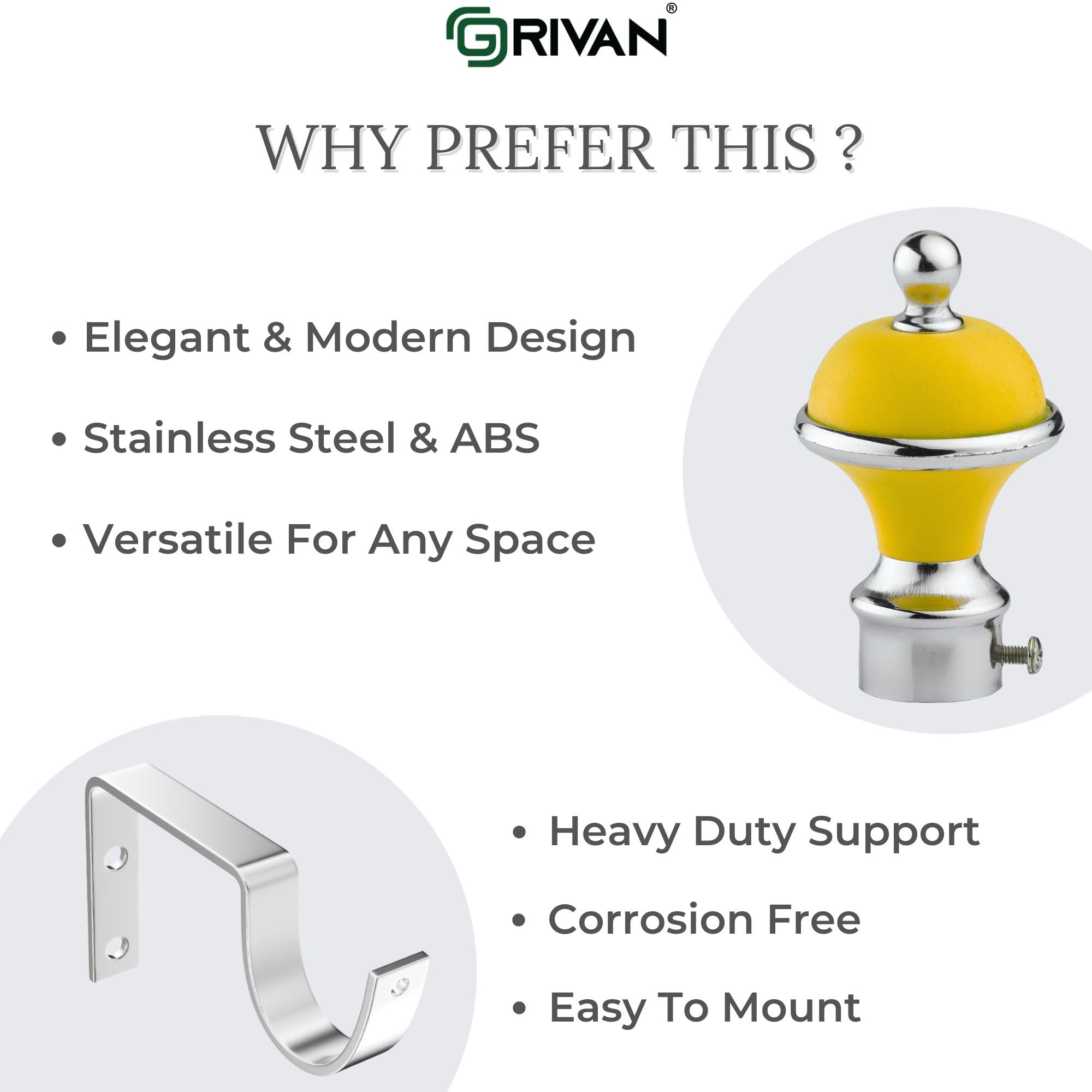 GRIVAN Stainless Steel & ABS Curtain Bracket Parda Holder with Support 1 Inch Rod Pocket Finials Designer Door and Window Rod Support Fittings, Curtain Rod Holder (Pair of 3, Yellow) 1