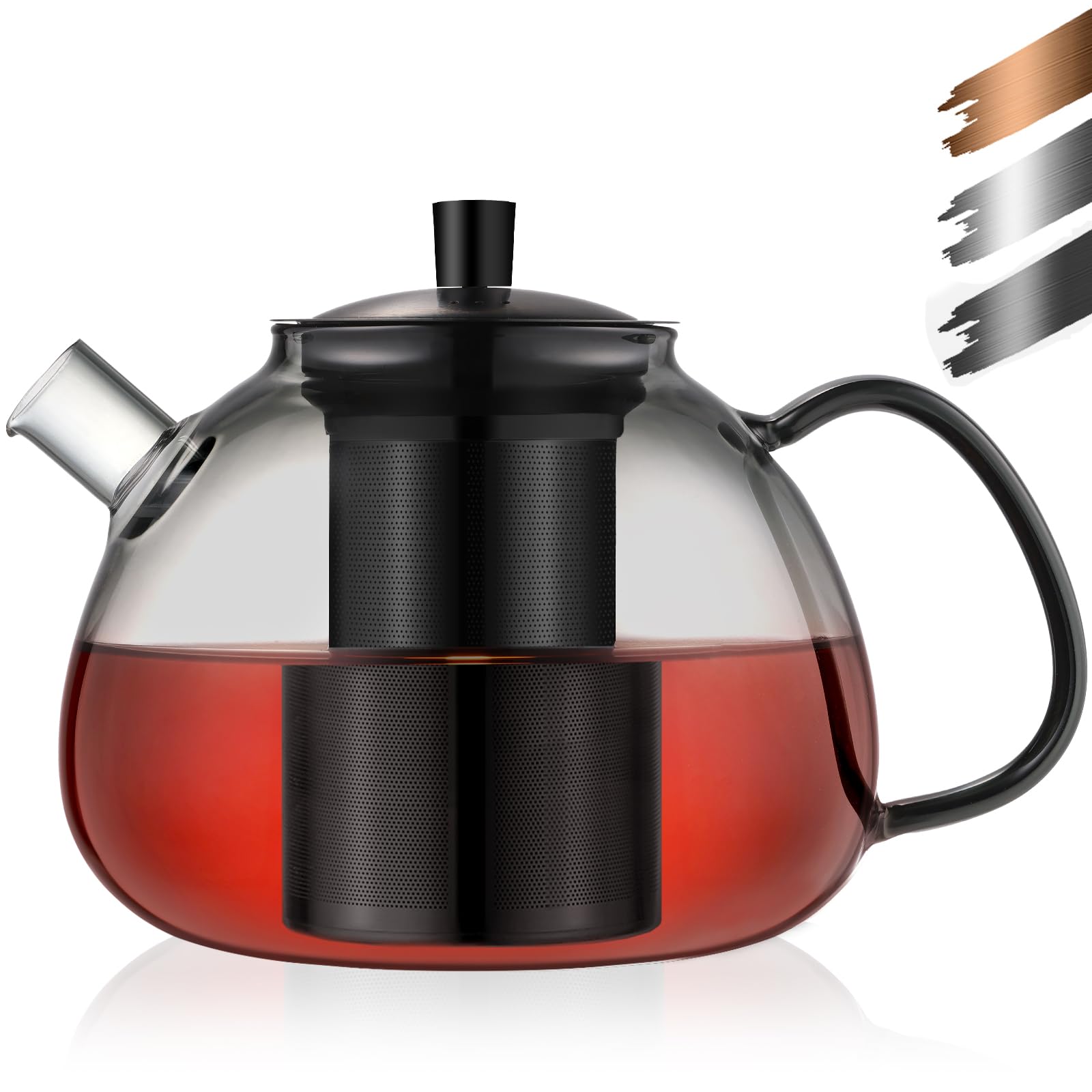 ecooe Teiera in vetro borosilicato nero da 1500 ml con filtro rimovibile in acciaio inox 18/8, resistente al calore, per tè nero, tè verde, tè alla frutta, tè profumato