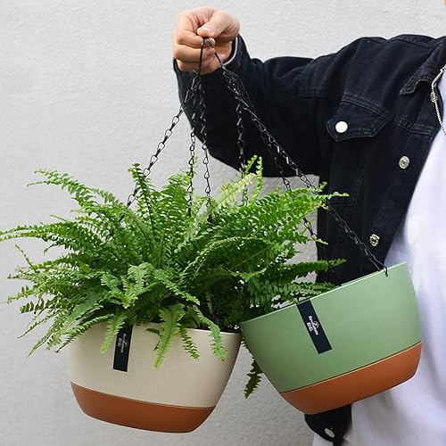 Miniatura 10 de Paquete de 2 macetas colgantes de plástico de 10 pulgadas con orificio de drenaje para plantas de interior y exterior, cesta colgante redonda con