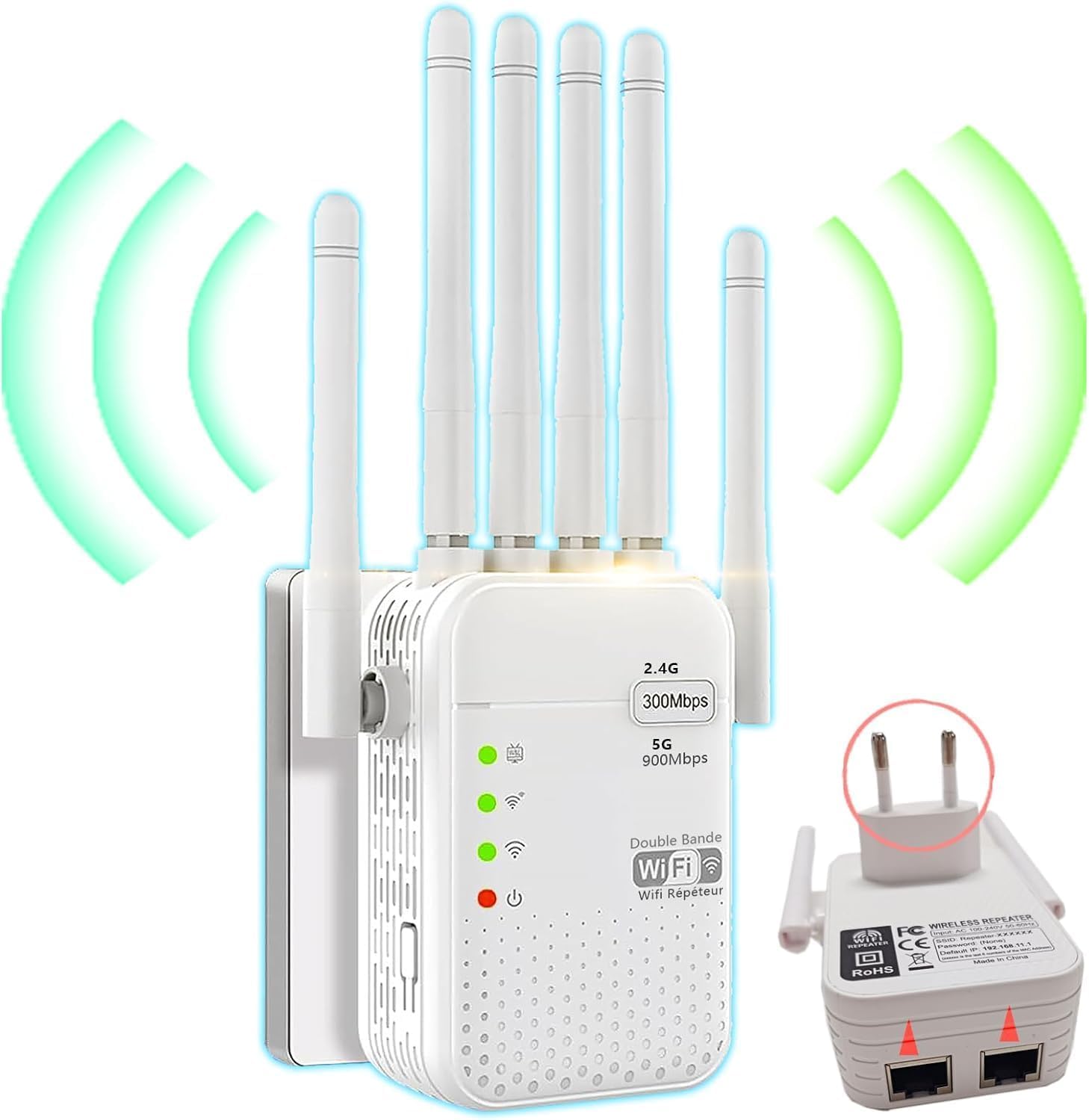 Répéteur WiFi,Amplificateur WiFi,repeteur WiFi Puissant avec 6 Antennes Puissantes,2 Ports LAN,Mode Répéteur & Routeur & AP,repeteur WiFi Exterieur Couverture WiFi de 1000 m²,Facile à Installer
