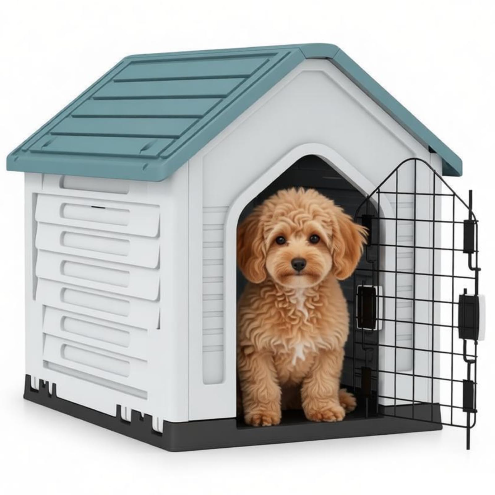 Maxmass Plastic Dog House, Weather-Resistant Pet Shelter with Metal Lockable Door, Slanted Roof, Air Vents, Indoor Outdoor Pet Kennel Dog Shelter Crate Pets House for Puppy Cat Rabbit (Blue+White)