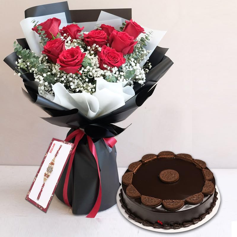 EG2i 10 Red Roses with 1 Rkhi and 500gm Chocolate Oreo Cake | Real Flower Bouquet with Gift Combo for Brother, Bhabhi and Sister For Raksha Bandhan