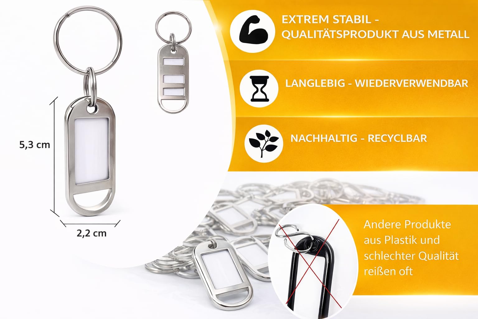 Schlüsselanhänger aus Metall mit Beschriftungsfeld – beschriftbar & wiederverwendbar, Schlüsselschilder / Schlüsselmarkierer mit Etikett & Schutzfolie, für Schlüsselbund, Koffer, Büro - Silber