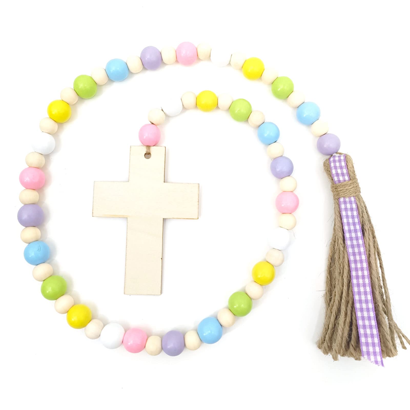Kalttoy Cross Design Wood Beads Garland String Wall Hanging Ornaments Elegant Prayer Bead for Easter Gifts Easter Wooden Bead Cross Ornaments Decoration Hanging Farmhouse Tiered Tray Prayer