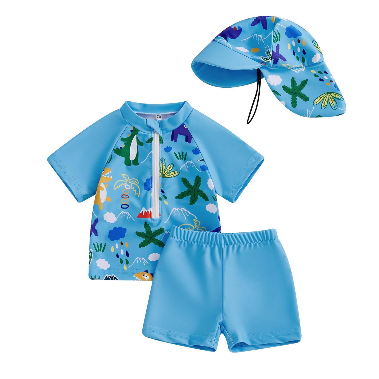 Carolilly Costume da bagno da bambino da 3 pezzi, con cerniera stampata a maniche corte + mutandine da bagno + cappello anti-UV (0-5 anni)