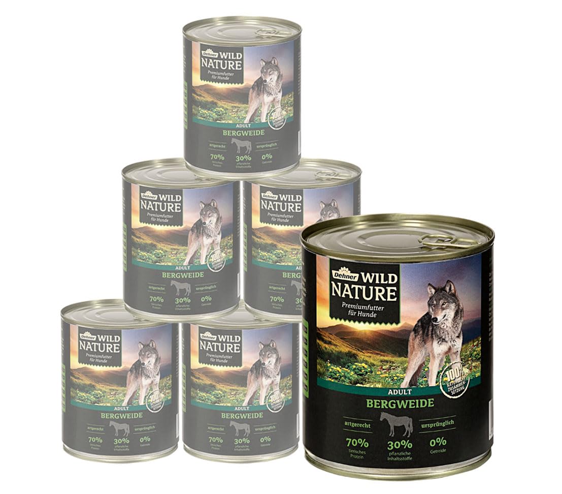 Dehner Wild Nature Hundefutter Bergweide, Nassfutter getreidefrei /  zuckerfrei, fr ausgewachsene Hunde, Pferd, 6 x 800 g Dose (4.8 kg) :  Amazon.de: Haustier