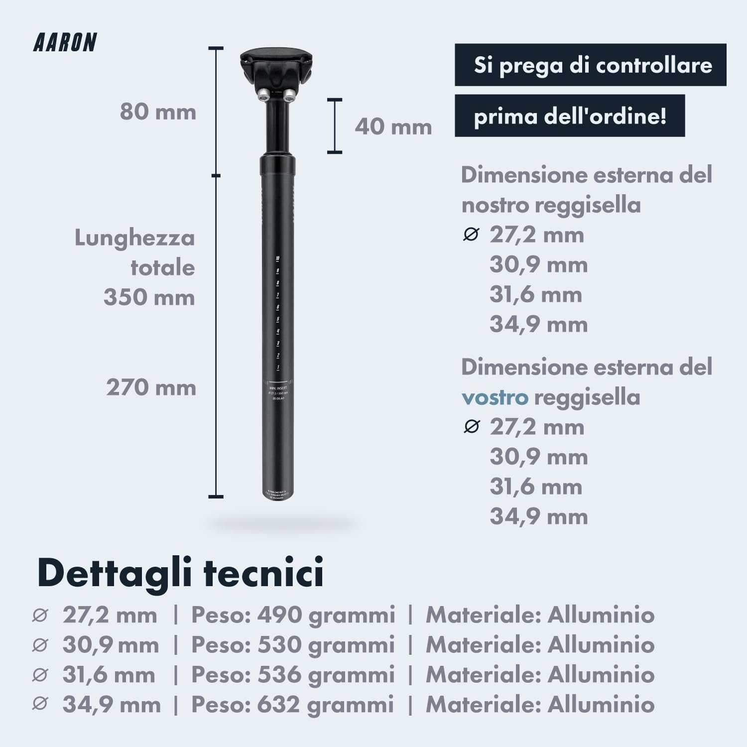 AARON Spring - Reggisella ammortizzato in Alluminio - Diametro 27,2 mm - Lunghezza 350 mm - per Bici elettrica, MTB, da Trekking, City Bike, ECC. - Nero