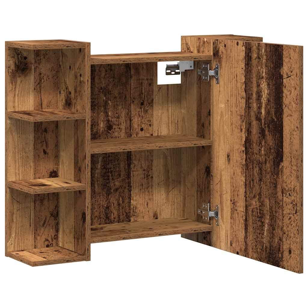 SYDE Armario de Baño con Espejo 80x20,5x64cm | Madera de Ingeniería Resistente a Humedad, 6 Estantes Abiertos, 2 Compartimentos, Diseño Moderno