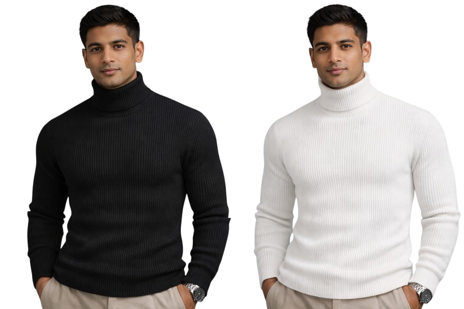 Men's Ribbed Turtleneck Sweater, Full Sleeve, Slim Fit, Available in Black and White (Pack of 2) (in, Alpha, S, Black/White)-picture-14
