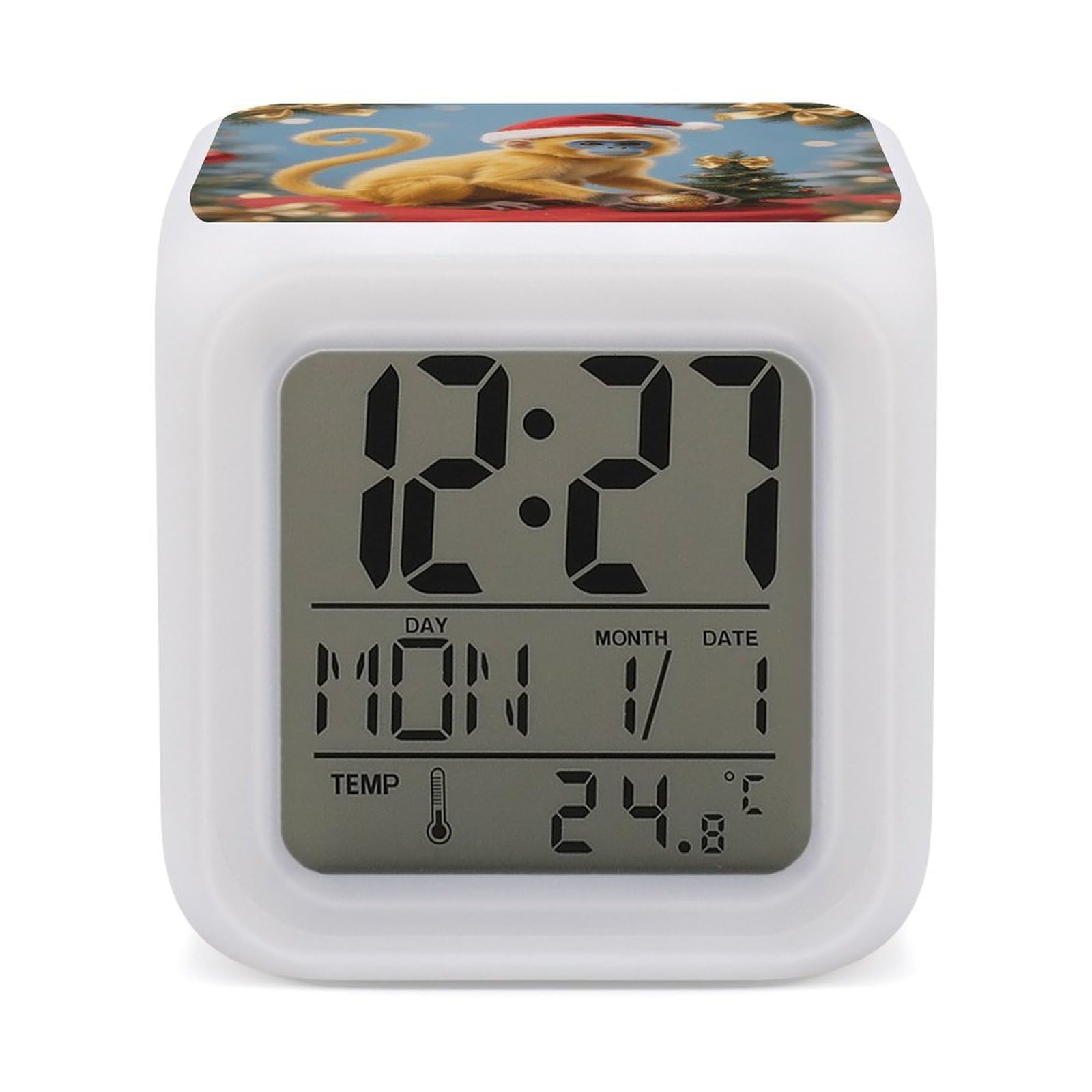 7 Color Ambient Night Light Cube Battery Operated Christmas Monkey Digital Clock with Snooze Temperature LED Digital Alarm Clocks Dimmable Wake Up Light Portable Mood Lamp for Bedroom Desk Gift