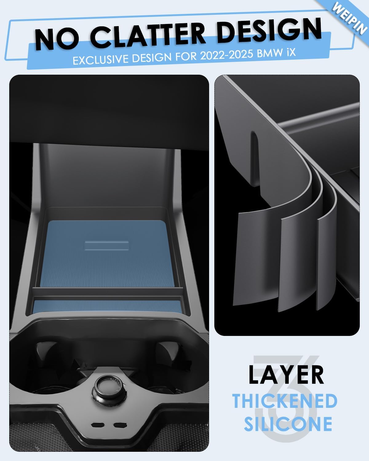 For BMW iX Lower Console Tray - Compatible with 2022-2026 BMW iX Center Console Organizer Tray [Car Food Tray] [2-Compartment][2026 Patented Design] with Anti-Slip Thick Liquid Silicone Mat - Black