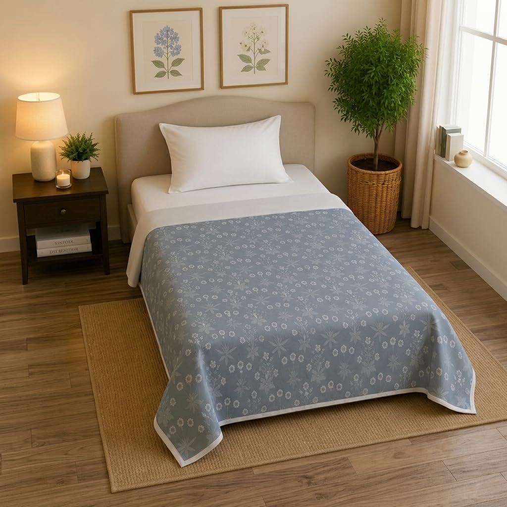 Linen Home 100% Cotton Reversible Dohar for Single Bed | Nora Ethnic Floral Blue & Silver | 200 TC Percale Blanket | Soft, Breathable, Durable Blanket for All Season Use (229 x 142 cm)-image-21