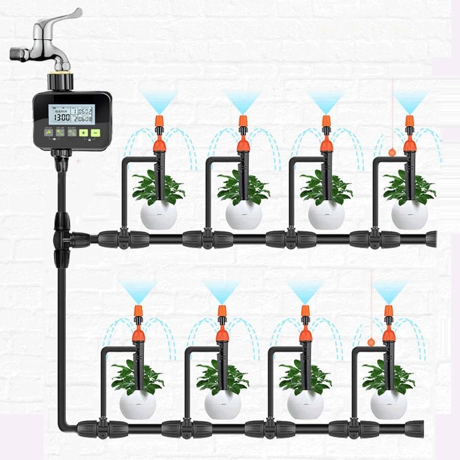 Watering timer connected to a faucet, with a drip irrigation system attached, watering multiple potted plants.