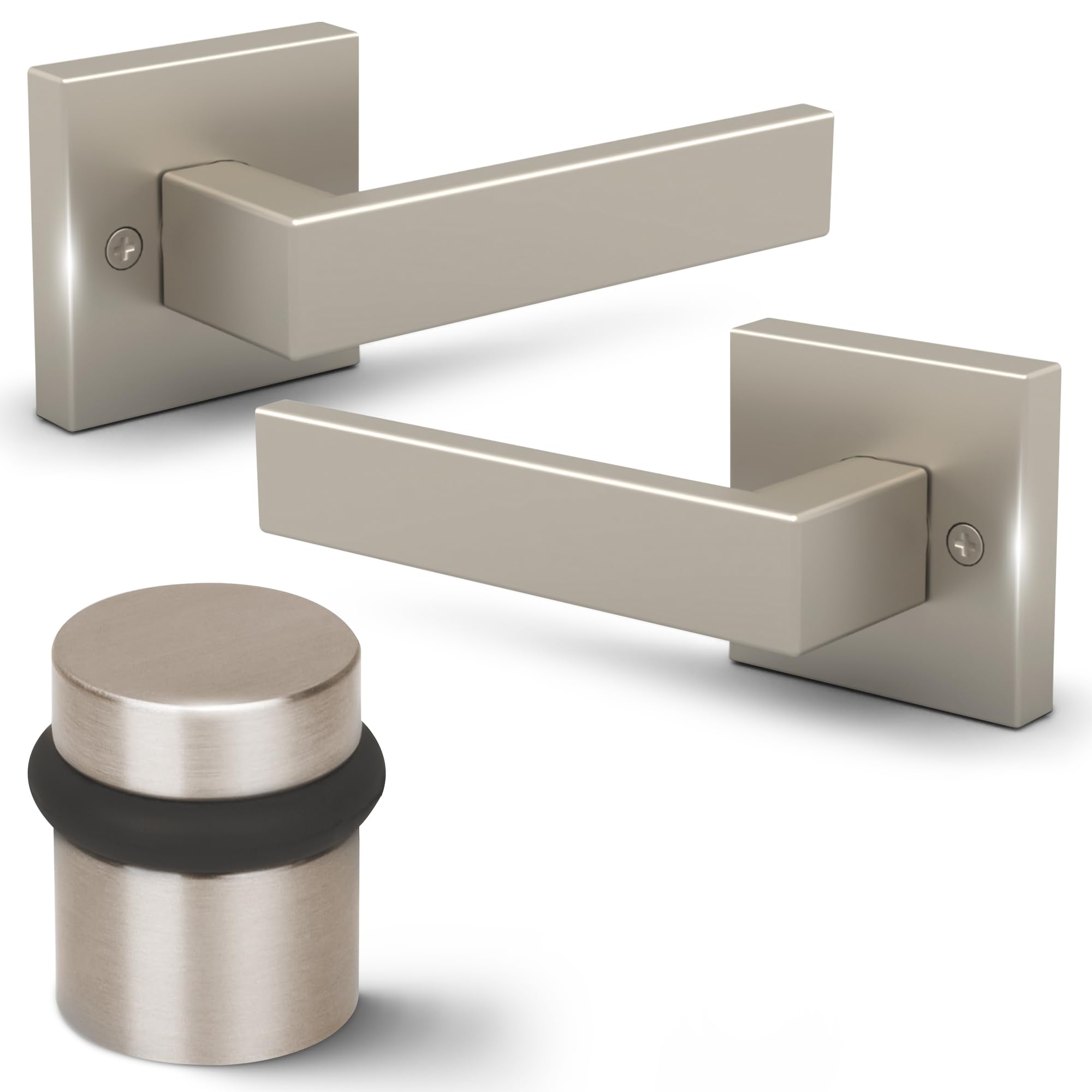 Mega HandlesMega Handles ROBELL Collection - Reversible Dummy Door Handle 2 Pack + Door Stopper 1.5IN (Satin Nickel)