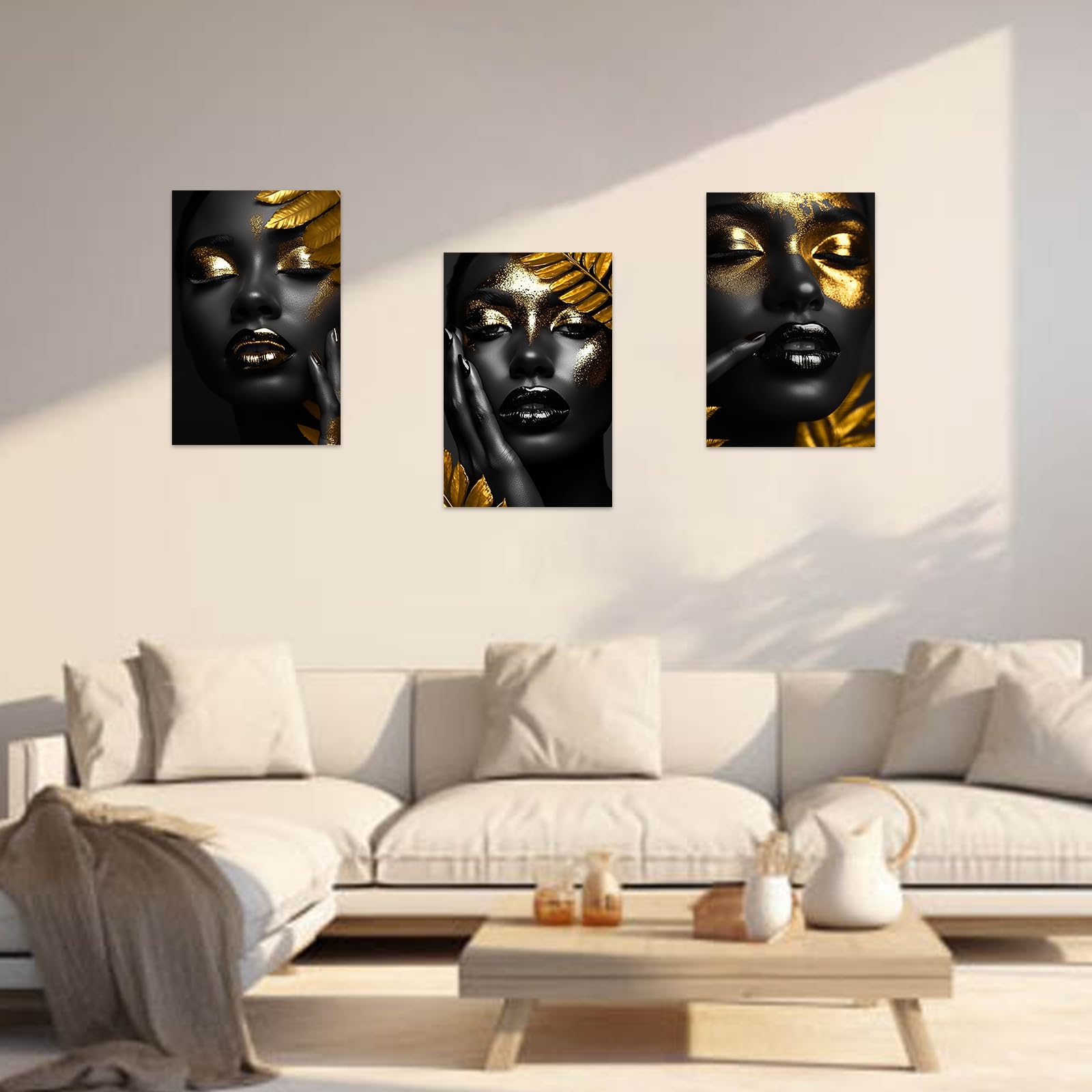 Lot De 3 Posters Africains - Femmes Noires Aux Bijoux Dorés - Toile Moderne - Non Encadré