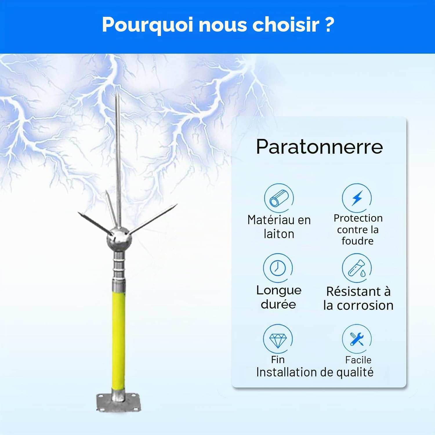 Paratonnerre, Kit de Paratonnerre isolé Paratonnerre de Toit équipement de Protection Contre la Foudre Amovible système de Protection Contre la Foudre à Domicile