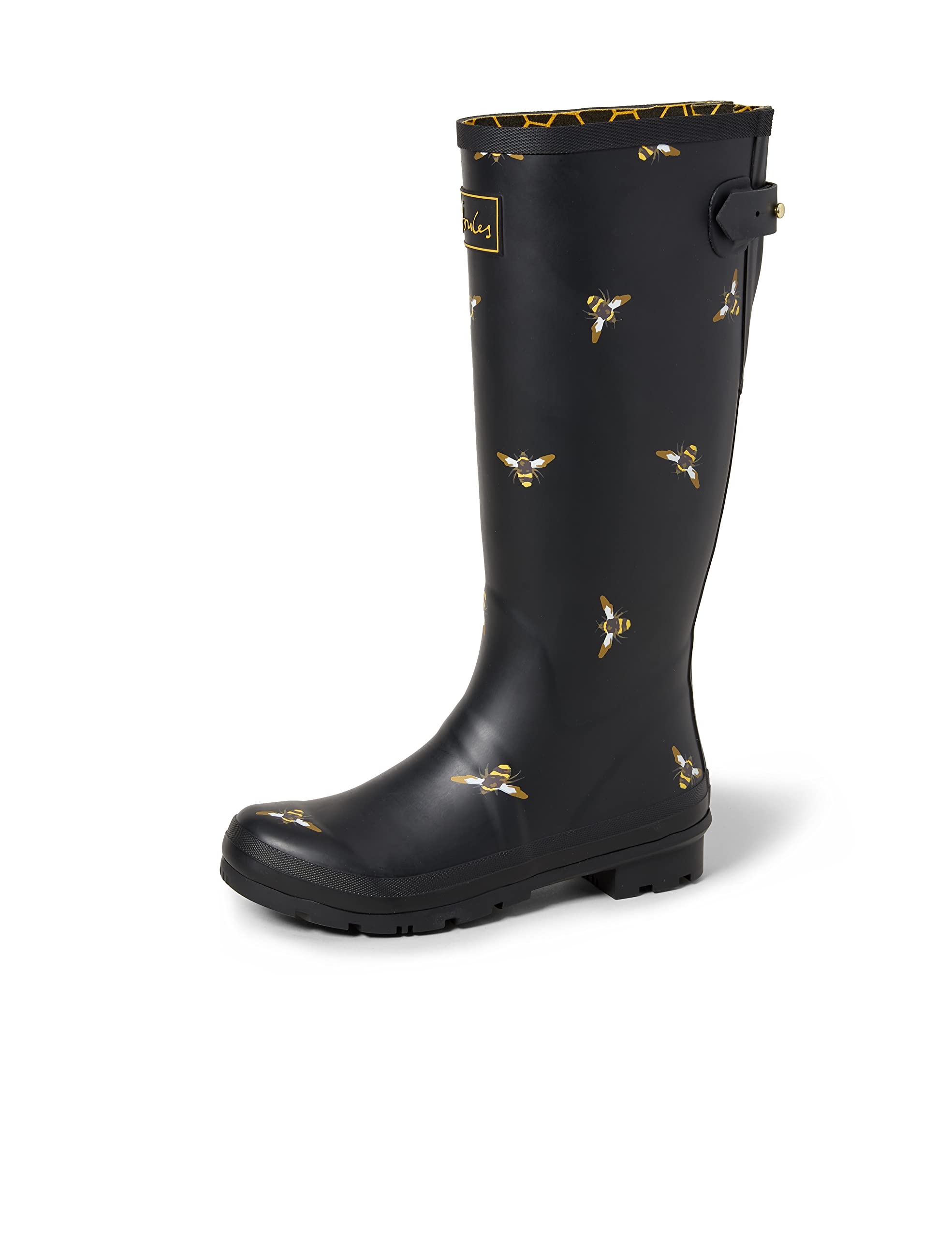 Joules Womens Welly Print With Adjustable Back Gusset - Black Metallic Bees