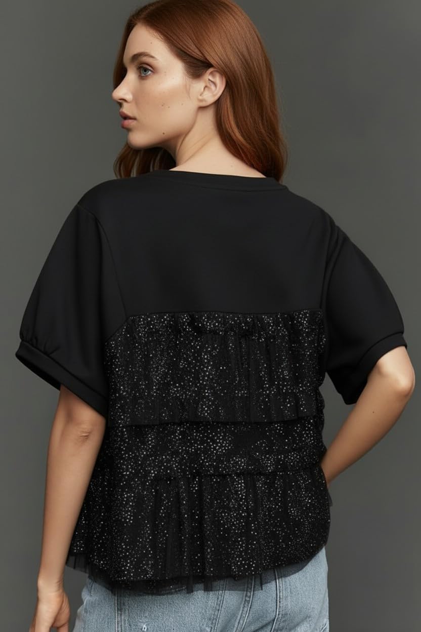 VAOYIU Women Elegant Lace Pleated Mesh Layered Blouse Short Puff Sleeve Round Neck Top Sparkling Ruffled Patchwork Shirt - Image 3