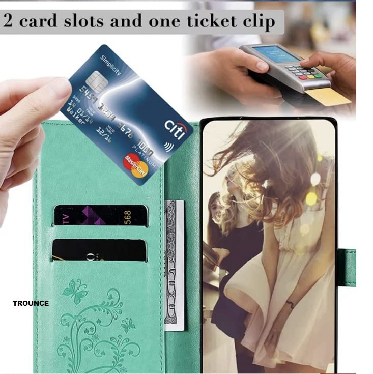 Image of TROUNCE Butterfly Embossing Shock Proof Flip Cover with Card Cash Holder Wallet Case & Magnetic Lock|Mobile Cover|Back Cover-Sea Green for Samsung Galaxy A54 5G