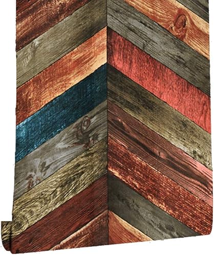 Miniatura 2 de DWIND D1092 - Papel tapiz de vinilo vintage con tablones de madera sintética para despegar y pegar, rojo/azul, 17.7 pulgadas x 9.8 pies, con