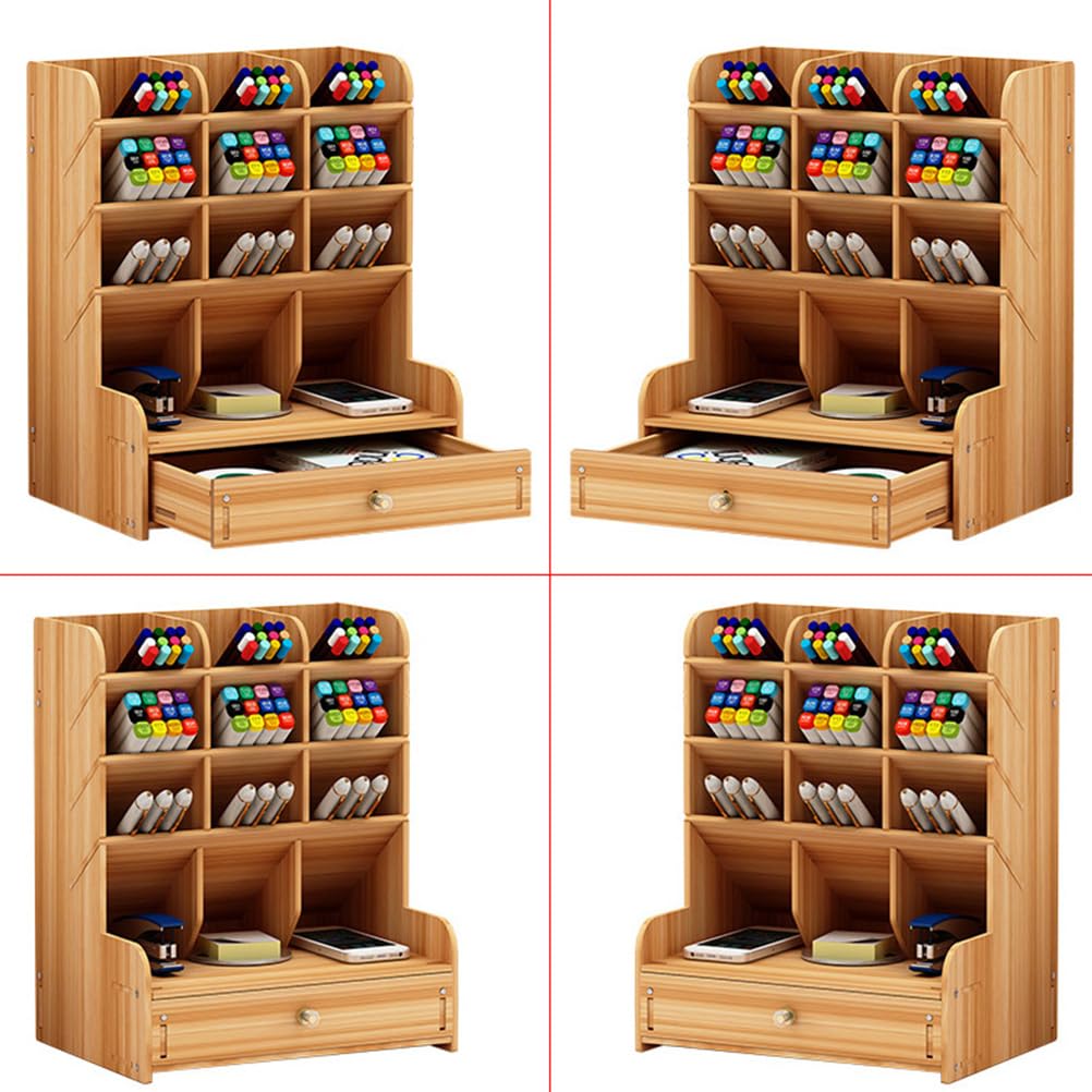 Operitacx Holz Stiftehalter Aufbewahrungsbox Groß Mit Mehrfach Geteilter Fächer Und Schublade Büro Desktop Organizer Für Stifte Und Büromaterial