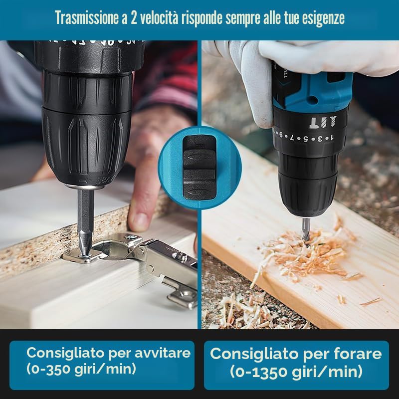 Trapano Avvitatore a Batteria 28 V Con 2 Batterie + 24 Accessori, 25+3 Impostazioni di Coppia, Luci LED, Senza Fili per Fai Da Te