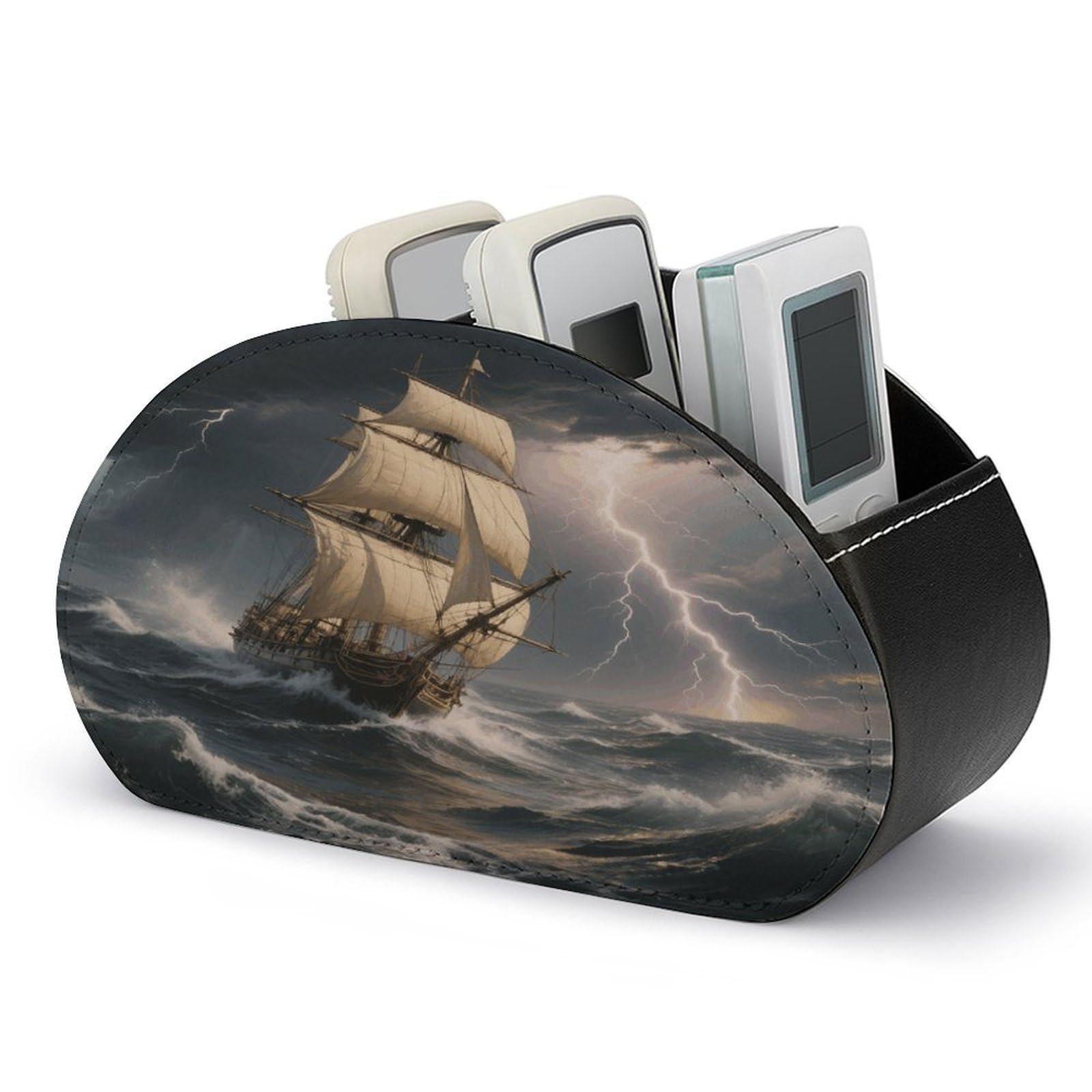 VstaDank Sailing Ship in Stormy Sea Remote Control Holder with 5 Compartments PU Leather TV Remoter Caddy Desktop Organizer TV Remote Holder Remote Box for Media Controllers Office Supplies
