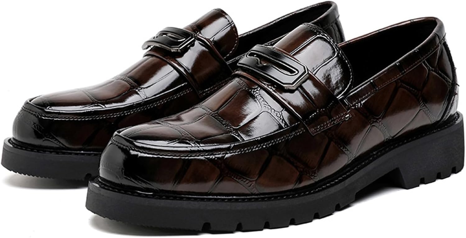 Men’s Patent Leather Printing Slip On Platform Loafers Comfort Round Toe Non-Slip Lug Sole Business Dress Shoes Fashion Causal Party Wedding Prom Work Shoes