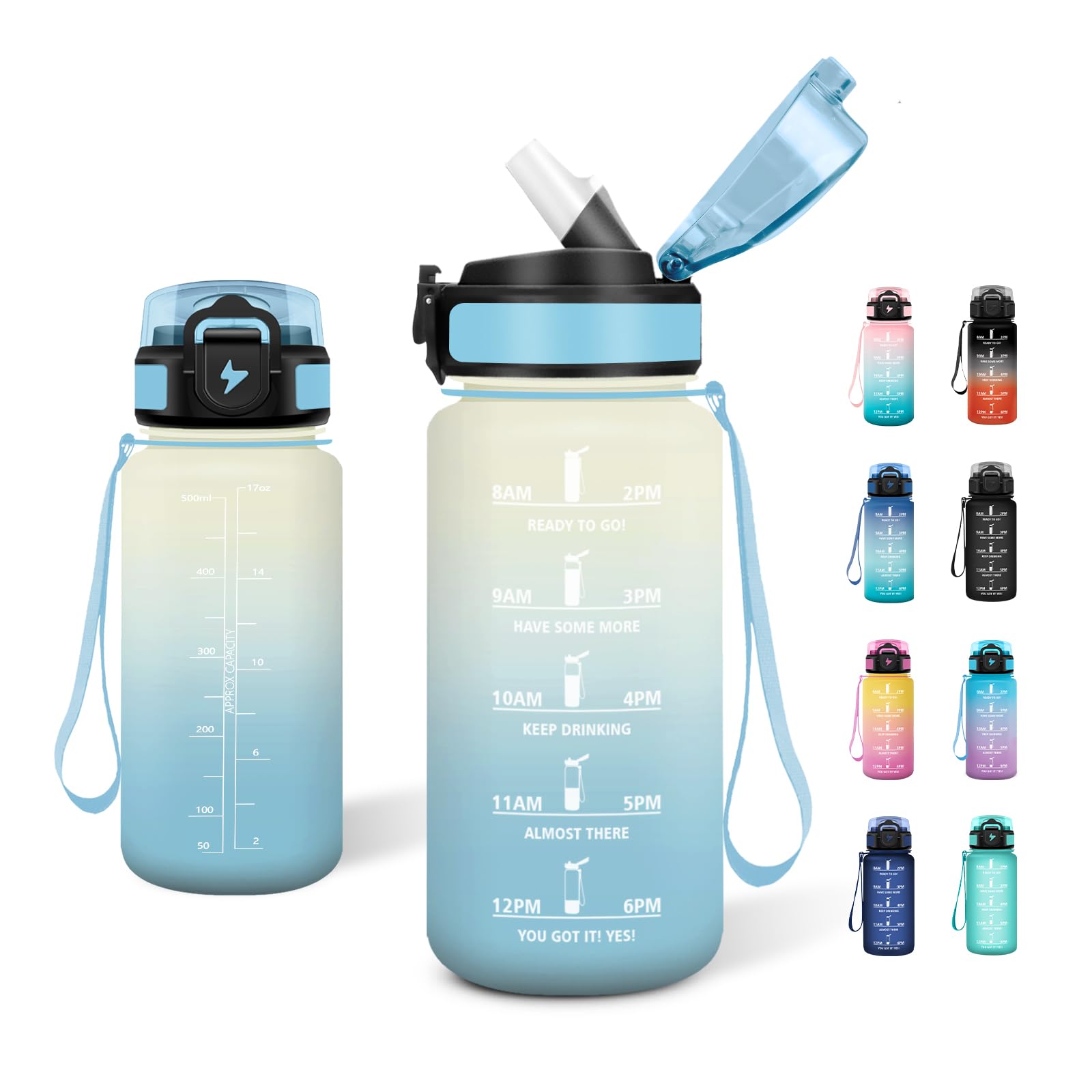 Borraccia Sportiva 500ml, Borraccia con Cannuccia, a Prova di Perdite, Bottiglia Acqua con Indicatore del Tempo, per Corsa, Viaggio