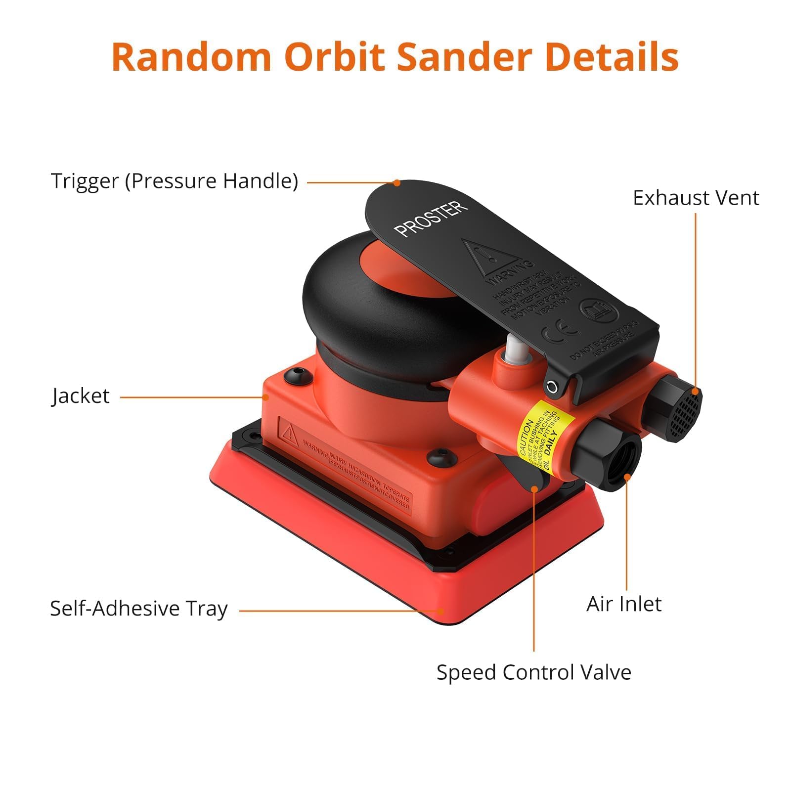 Proster Lijadora Orbital Neumática 12000 RPM Lijadora Rotorbital con 20 Papeles de Lija y Control de Velocidad Variable para Carrocerías, Madera y Acabados Metálicos