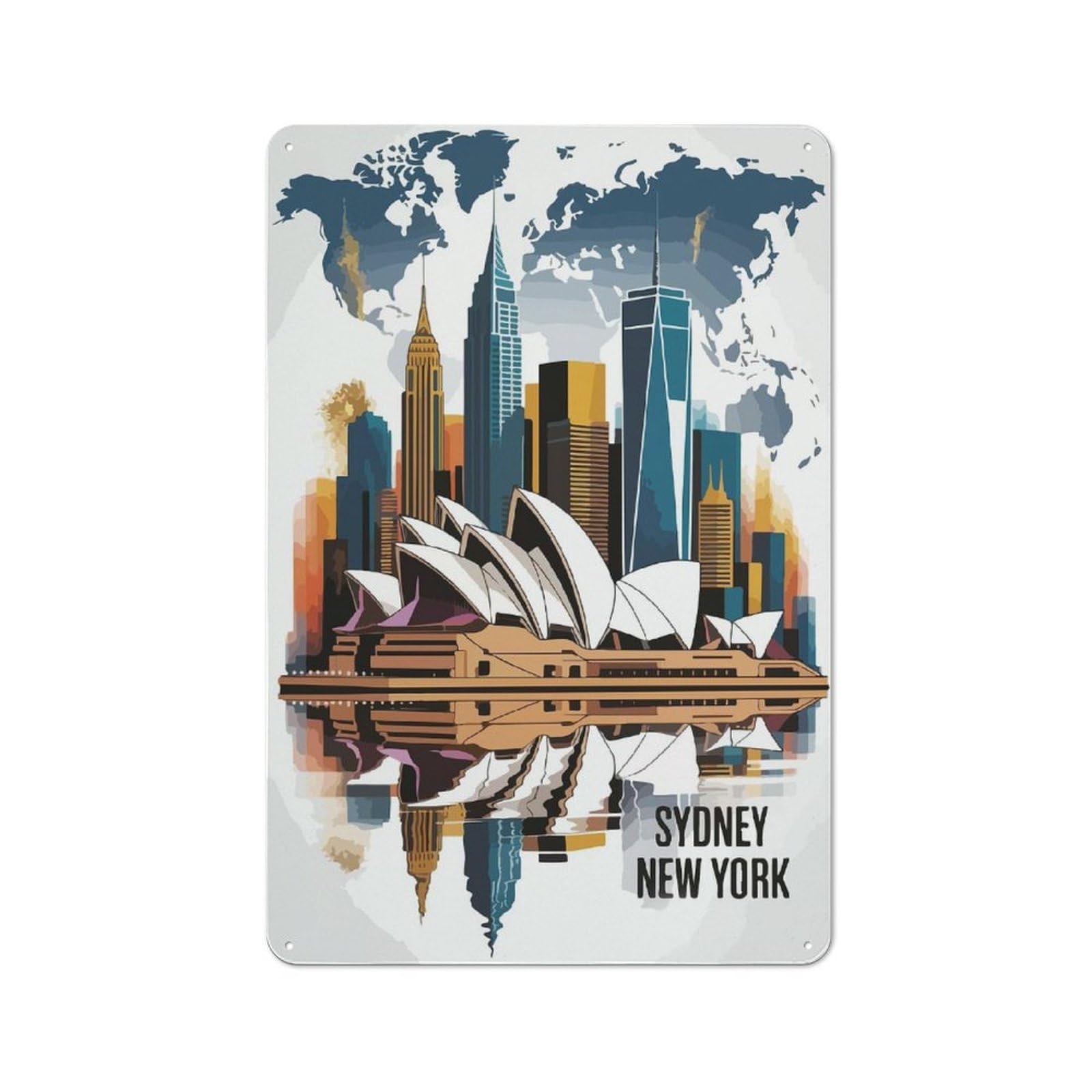 Understated Office Metal Sign 30x20cm Featuring Sydney And New York Cityscape Illustration, Studio Wall Plaque for Office, Study, Studio Or Hallway