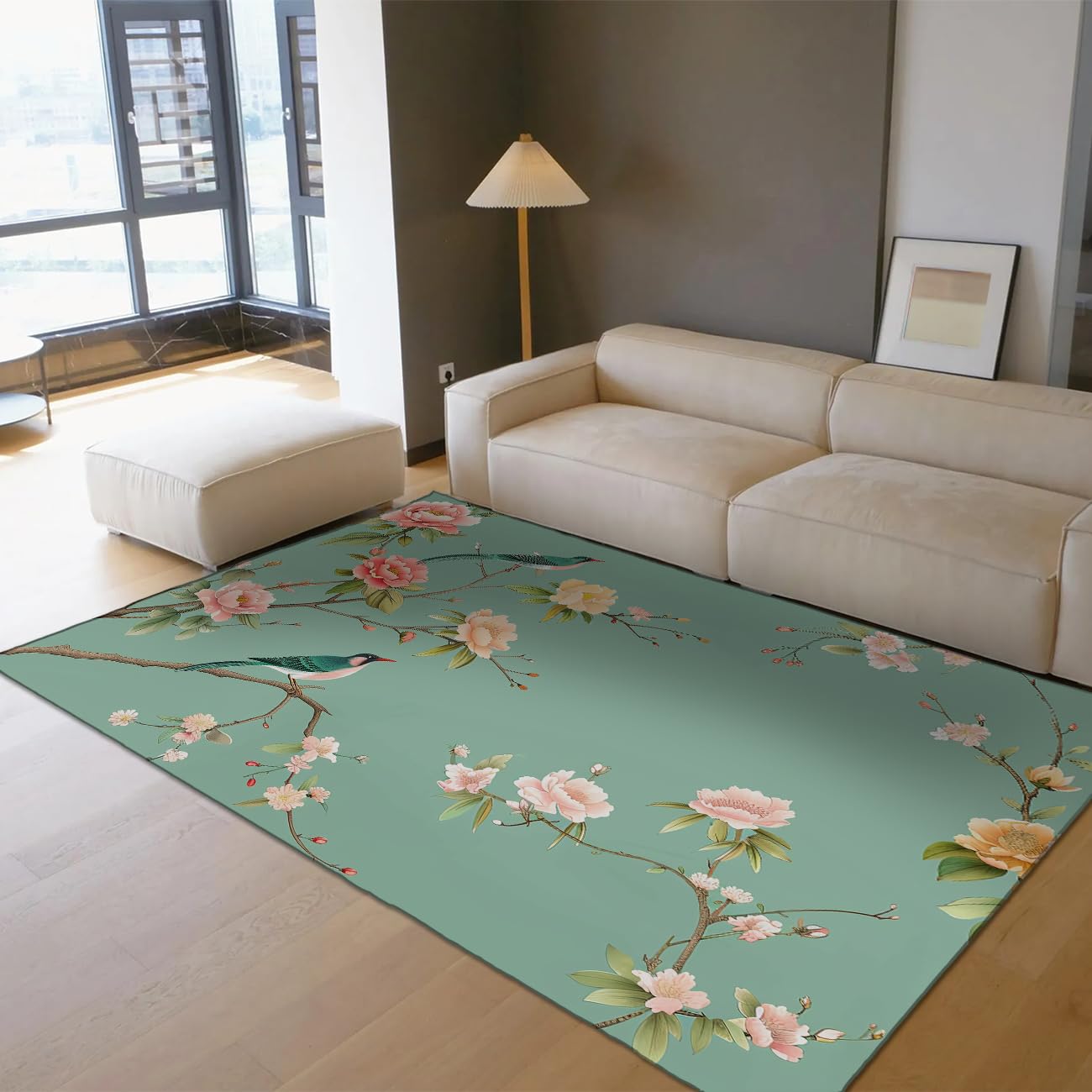 Tapis floral chinois 80x120cm vert et rose à poils bas lavable pour le salon