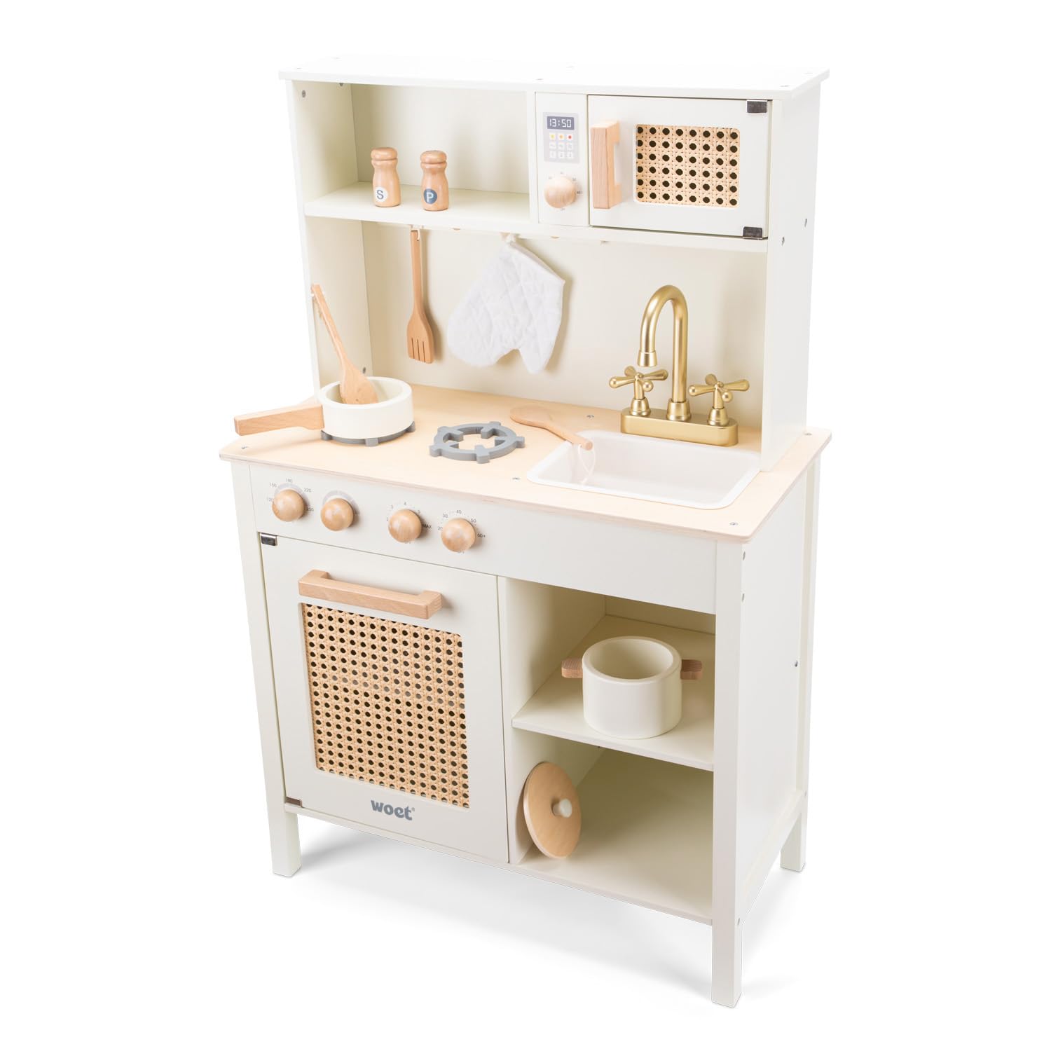 Woet Holzspielzeug Spielküche für Kinder Off-White mit Küchenzubehör Rattan-Details ab 3 Jahren