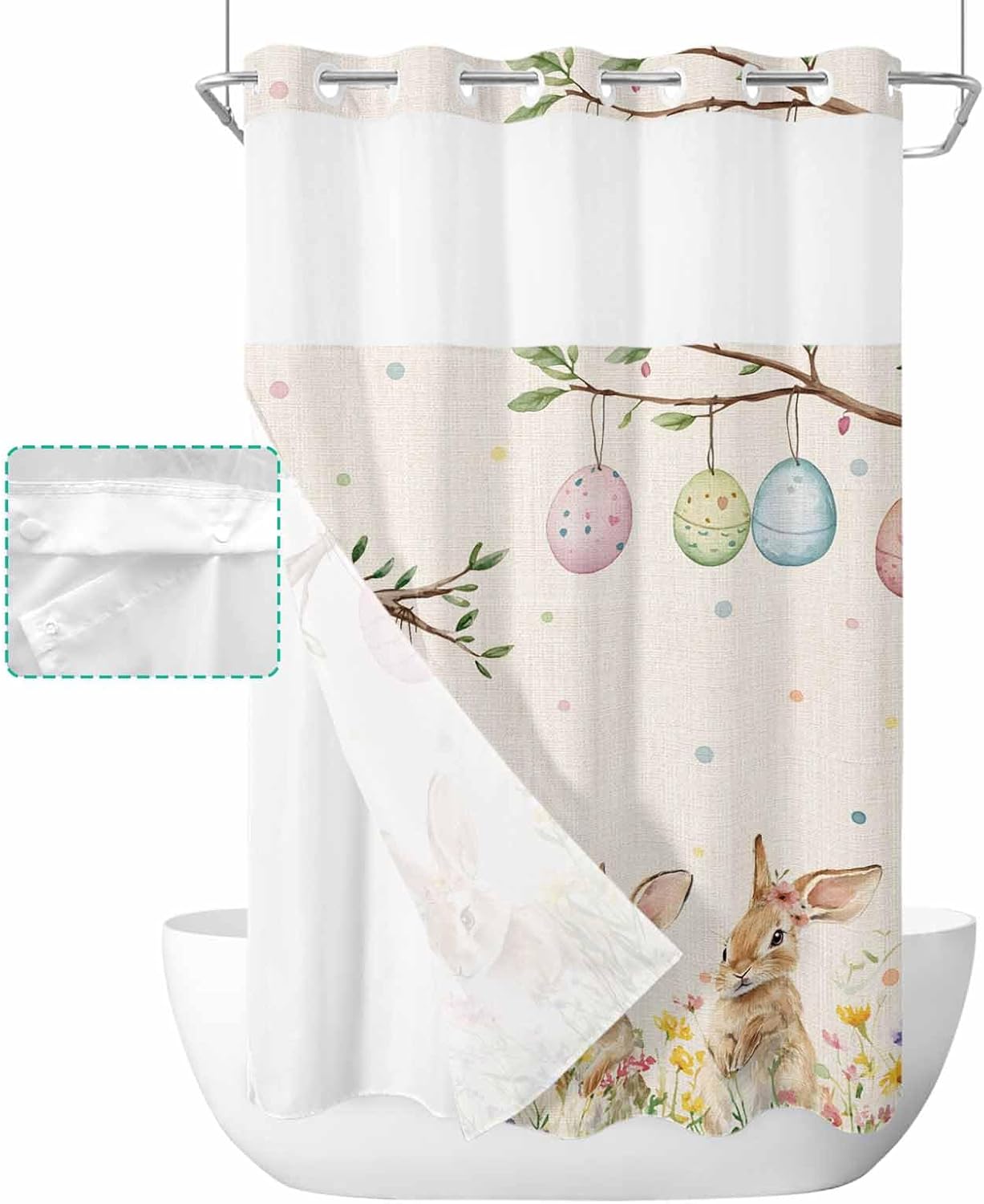 No Hook Shower Curtain with Snap in Liner Set,Spring Easter Farm Rabbit Egg Waterproof Fabric Shower Curtains Rustic Flower Tree on Linen Double Layer Bath Curtain for Bathroom,36Wx72L