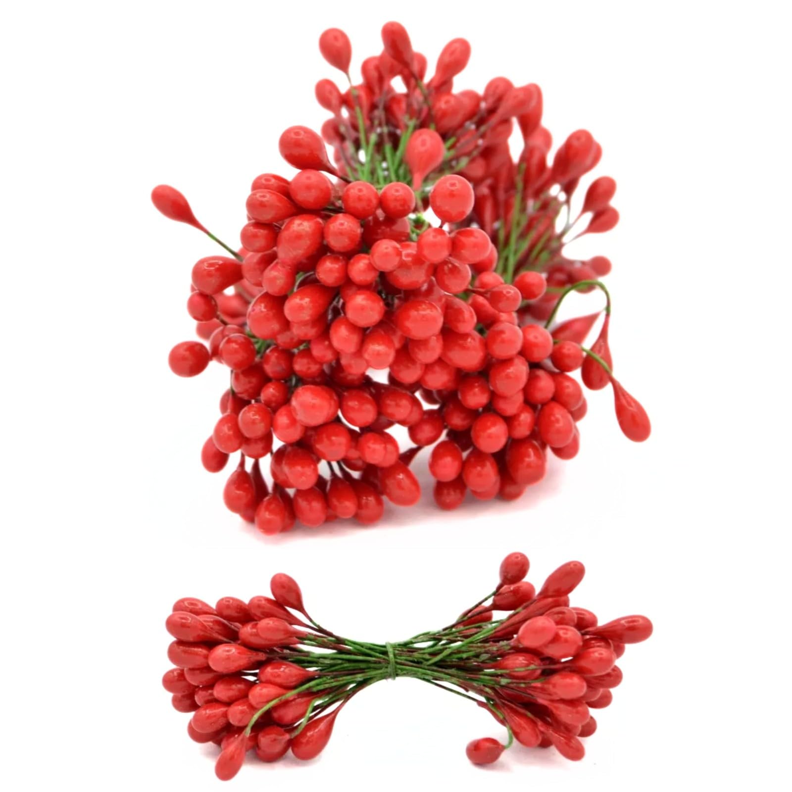 celloexpress Red 6cm Artificial Flower Stamens - Pearlised Teardrop Beads on Wire for Wreaths, Garlands, Floral Arrangements, Festive Decorations (Pack of 120)