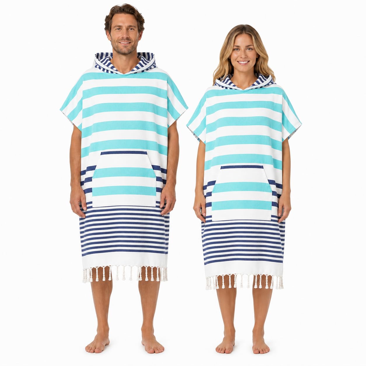 Weave Essentials Hamam Poncho Towel – Hooded Changing Robe with Pocket, 100% Cotton Turkish Style Fringed Beach Poncho, Quick Dry & Lightweight, 150x90cm (Turquoise)