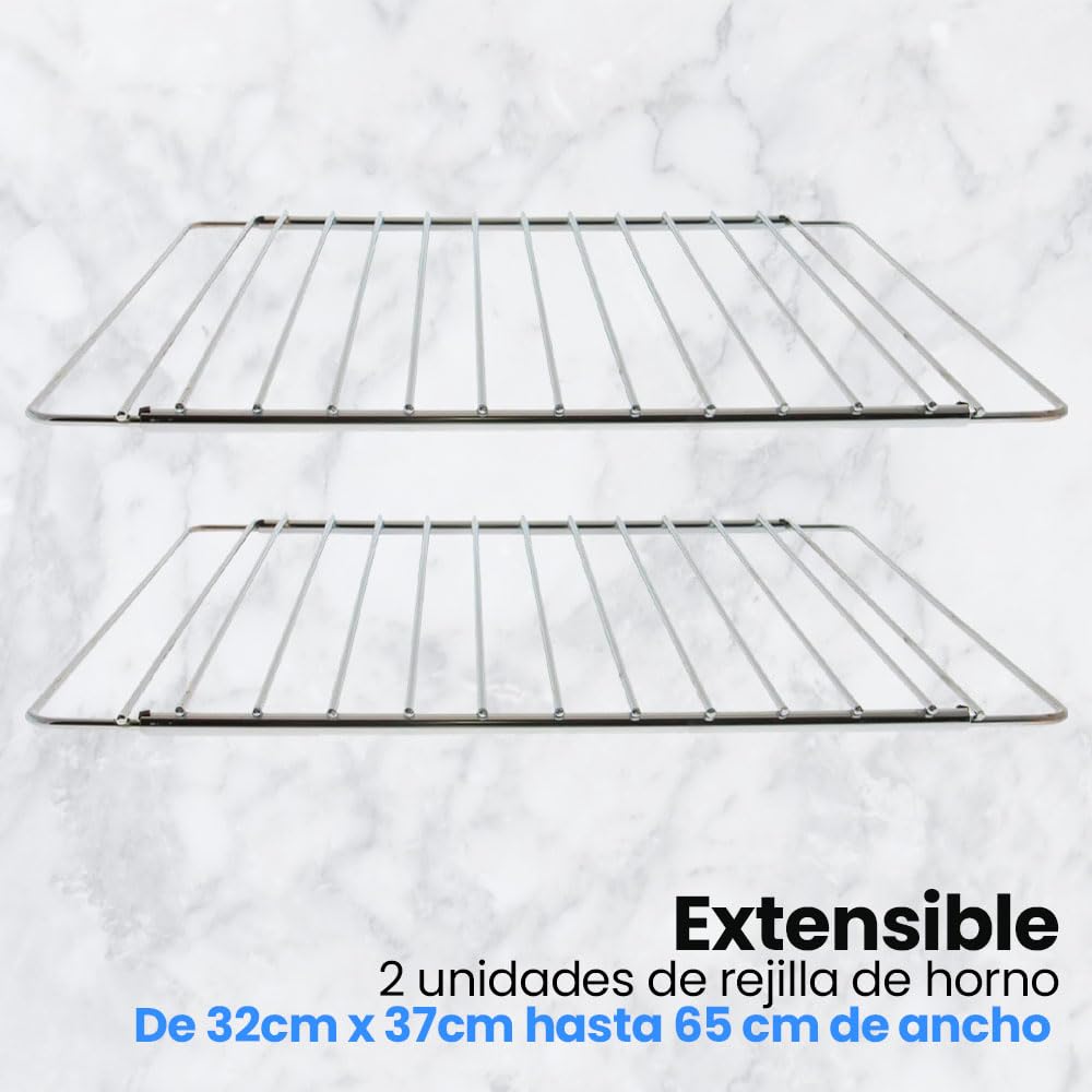 Anakel Home Set de 2 Rejillas de Horno Acero Inoxidable Extensible, Bandeja de Horno Universal | 32 x 37 cm hasta 65 cm, Tornillos Incluidos